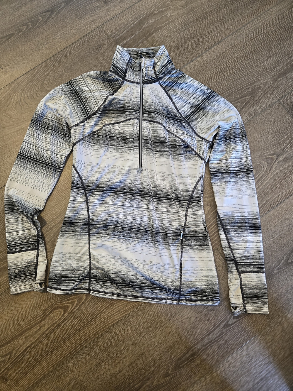 Athleta Gray and White Striped Half-Zip Long Sleeve Top